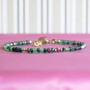 18k Gold Plated Ruby Zoisite Beaded Bracelet. New.